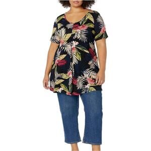 Avenue Top Black Liv Tropical Print Pleat Short Sleeve Tunic Plus Size 20 NEW